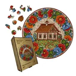 Дерев'яний фігурний пазл Декоративний Розпис Мальовничий Дім, А1, Дерев'яна коробка 500+ елементів