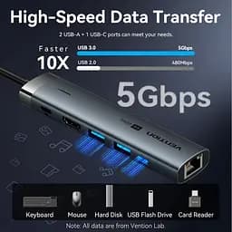 Док-станція USB3.2 Type-C --> HDMI 60Hz/USB 3.0x2/RJ45/PD 100W Hub 6-in-1 Vention - мініатюра 6