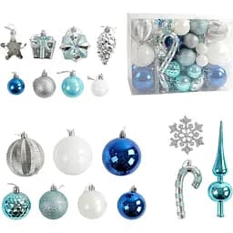 Набор новогодних украшений 65 игрушек с верхушкой на елку, голубого и белого цвета (160751)