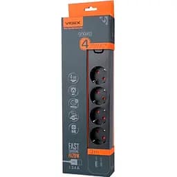 Мережевий подовжувач Videx Oncord з кнопкою USB (QC3.0) + USB-C (PD20W) чорний 3 м (VF-PD43G1QC1PD-B)