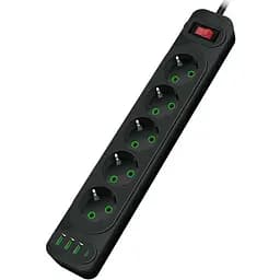 Мережевий фільтр-подовжувач Voltronic F25U 5 розеток EU+3xUSB+PD 2 м 3х0.75 мм 2500W Black