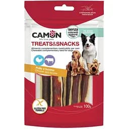 Ласощі для собак Camon Treats & Snacks з курячого м'яса та сиром'ятої шкіри, 10-12 см, 100г