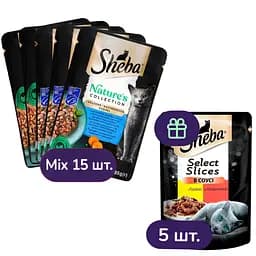 Набір вологого корму для котів Sheba, в асортименті 15 шт. + з куркою та яловичиною в соусі 5 шт. 1.7 кг (20 шт. х 85 г)
