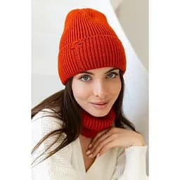 Жіноча в'язана шапка і хомут набір 1 вовна 20% з відворотом Помаранчевий