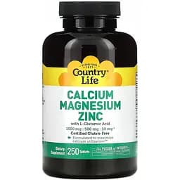 Кальций, Магний и Цинк Country Life с L-Глютамином Calcium Magnesium Zync 250 таблеток