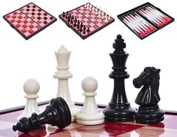 Ігровий набір 3в1 магнітні шахи шашки нарди METR+ 9831N подарунковий набір в коробці Червоний/Чорний