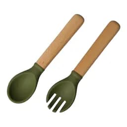 Приборы силиконовые детские OldBro ложка и вилка с деревянной ручкой, olive