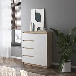 Комод Vays, сучасний, з полицями, 4 шухляди, без ручок R-32 Дуб Сонома-Білий фасад