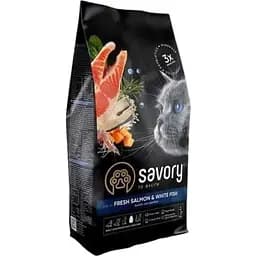 Сухой корм Savory для длинношерстных кошек со свежим лососем и белой рыбой 2 кг