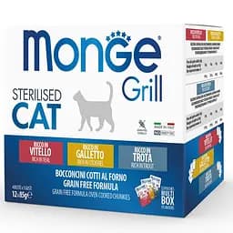 Набір консервів для кішок Monge Cat GRILL MIX STERILISED мікс 3 смаки: телятина/півник/форель 12 шт. по 100 гр