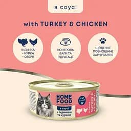 Повнораціонний консервований корм Home Food для дорослих котів з індичкою та куркою в соусі 85 г - мініатюра 2