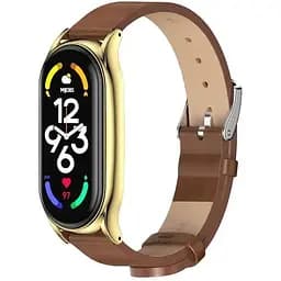 Шкіряний ремінець MiJobs для фітнес-браслета Xiaomi Mi Band 5 и 6 Type С коричневий, тримач - золотистий