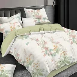 Постельное комбинированное белье Страйп сатин евро комплект двусторонний цветочный принт Зеленый