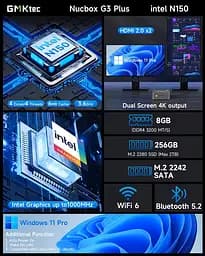 Неттоп GMKtec NucBox G3 Plus Titanium Grey N150 16Gb DDR4 512Gb SSD NVMe Graphics 2.5GLan 4xUSB 3.2 2xHDMI Windows 11 Pro кріплення VESA у комплекті - мініатюра 2