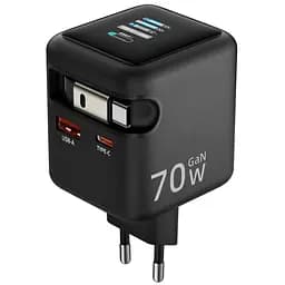 СЗУ Amaya E700D PD70W+QC3.0 GaN (1USB-A/1C) + Retractable Cable Type-C Black