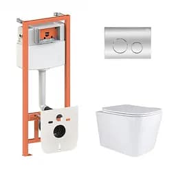 Подвесной унитаз Qtap Tern + инсталляция Qtap Nest 4 в 1 (круглая клавиша Chrome), Белый