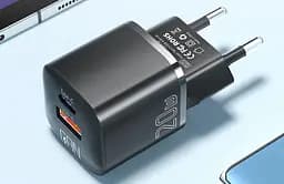 Мережевий зарядний пристрій Essager 20W GaN PD з чорною EU-вилкою (USB + Type-C) (6934025890220) - мініатюра 3