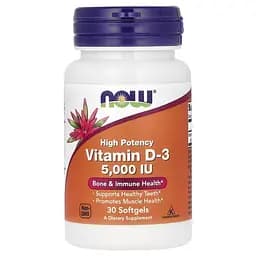Вітаміни та мінерали NOW Vitamin D3 5000 IU High Potency, 30 капсул
