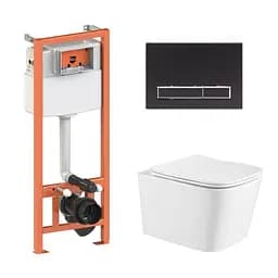 Подвесной унитаз Qtap Crow Ultra Quiet + инсталляция Qtap Nest 4 в 1 (линейная клавиша Black mat), Белый