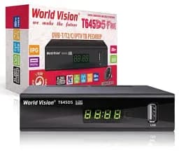 TV-тюнер зовнішній автономний World Vision T645D5 FM, Black, H.265, AC3. DolbyDigital, DVB-T2/T/C, FM тюнер, IPTV, DLNA, Stalker, без кнопок, дисплей, 2хUSB, зовнішній блок живлення, CPU-GX6706 єдине програмне забезпечення сумісне з лінійкою Т644xx та Т645