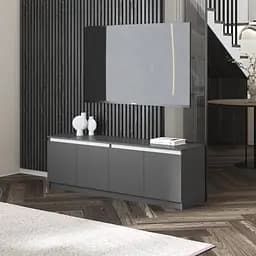 Тумба під телевізор Vays у вітальню, сучасна з полицями, без ручок R-31 Антрацит-Білі планки