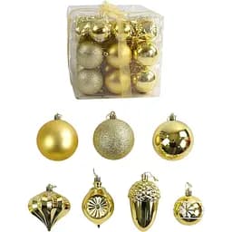 Набор новогодних украшений 30 игрушек на елку с рисунками и глитером, золотого цвета (160814)