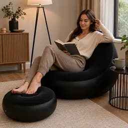 Надувний диван з пуфом Air Sofa / Надувне велюрове крісло з пуфом + насос Чорний