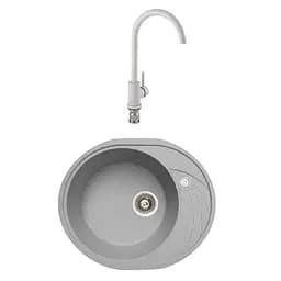 Гранітна мийка з краном овальної форми WIZ № 4 580х470 мм (Сіра)