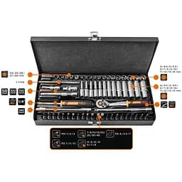 Neo Tools Набор инструментов, Набор торцевых головок, 63шт, 1/4", CrV, металлический кейс