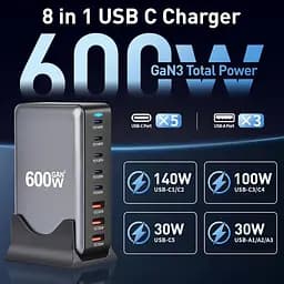 Зарядна станція ILEPO 600W багатопортова на 3 USB + 5 Type-C / мережевий мультизарядний пристрій Black (19027) - мініатюра 7