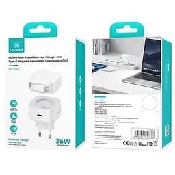 Мережевий зарядний пристрій Usams US-CC202 PD35W Dual 2C Output GaN Fast Charger With Type-C Magnetic Retractable Cable Module (EU) Білий - мініатюра 3