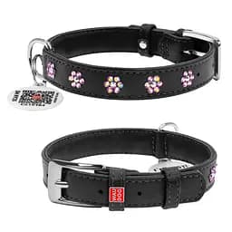 Ошейник для собак кожаный Waudog Glamour с QR-паспортом с клеевыми стразами "Цветы" Ш 15 мм Д 27-36 см черный