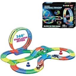 Трек неоновый с подсветкой и машинкой на батарейках 227 деталей в коробке