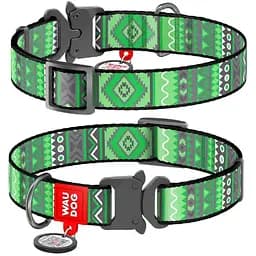 Нашийник для собак Waudog Nylon нейлоновий c QR паспортом, малюнок Етно зелений, металева пряжка-фастекс, L, Ш 25 мм, Дов 31-49 см