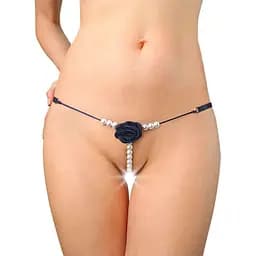 Сексуальные трусики с жемчугом и розочкой Aurora синие XS-М