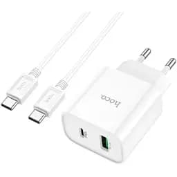 Мережевий зарядний пристрій з кабелем Hoco C80A Plus Rapido PD20W+QC3. 0 charger set(Type-C to Type-C) білий