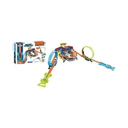 Автотрек JJ 167 с подсветкой и звуковыми эффектами, 2 металлопластиковых машинки, запускатели