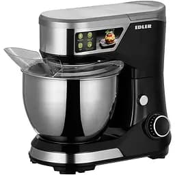 Планетарний міксер Edler EDFP-7702, Black|Inox, 600W, 8 режими швидкості, чаша 5л з нерж. сталі, гак для тіста, збивач, вінчик, бризкозахистна накладка чаші