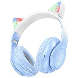 Bluetooth наушники накладные Hoco w42 cat ear с подсветкой голубые