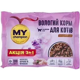 Вологий корм для котів MY champion шматочки з куркою та печінкою 4 х 100 г