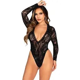 Боді Leg Avenue RhinestOne Lace Deep-V Bodysuit One Size, Black
