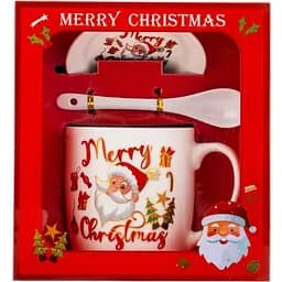 Чашка новогодняя Elisey 9150-005 Merry Christmas керамическая с ложкой и блюдцем 350 мл Белая