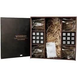 Подарунковий набір Whiskey Stones камені для віскі у дерев'яному пеналі №8 + 4 склянки Bohemia Quadro + щипці + мішечок