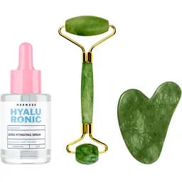 Набір для масажу обличчя Mermade 4D Hyaluronic Acid & PatcH2O 30 мл + Нефритовий ролик + Скребок гуаша