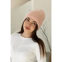 Теплая женская шапка Ангора Сердечко с флисовой подкладкой Пудровый