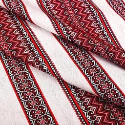 Лляна тканина з українським орнаментом "Рандеву червоний" (від 1 м)