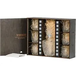 Подарунковий набір Whiskey Stones камені для віскі в дерев'яному пеналі №6 + декантер і 6 склянок Rocco Dedalo + щипці + мішечок
