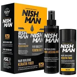 Камуфляж для залысин Nishman Hair Building Keratin Fiber пудра 20г + фиксатор 100мл черный