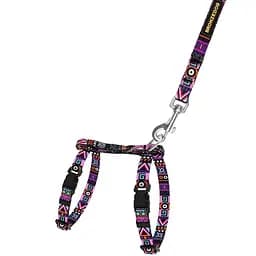 Шлея для котів та собак дрібних порід BronzeDog Urban Етнічна з нашивкою та повідцем XXS 15-23 см фіолетова
