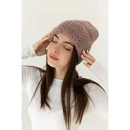 Женская вязаная шапка Ангора Ажур с флисовой подкладкой 60% ангора Пудровый